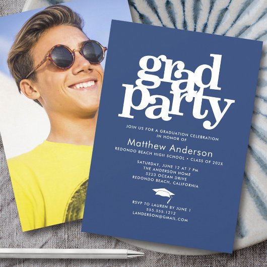 Navy Blue Photo Afstudeerder Party Bold Typography Kaart