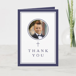 Navy Blue Photo Boy First Communion Bedankkaart