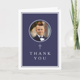 Navy Blue Photo Boy First Communion Bedankkaart