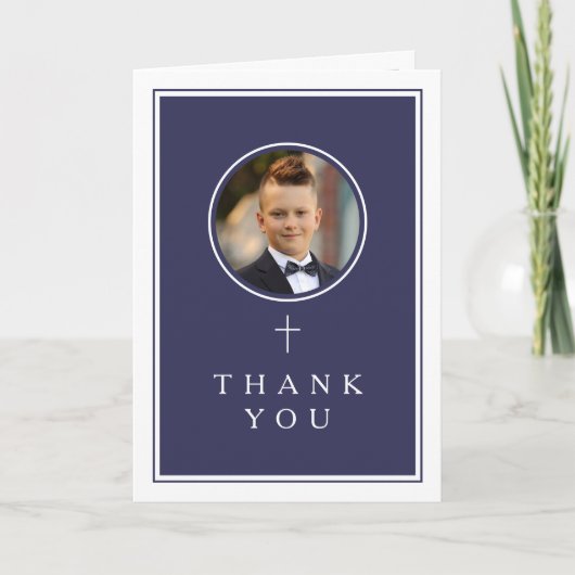 Navy Blue Photo Boy First Communion Bedankkaart (Voorkant)