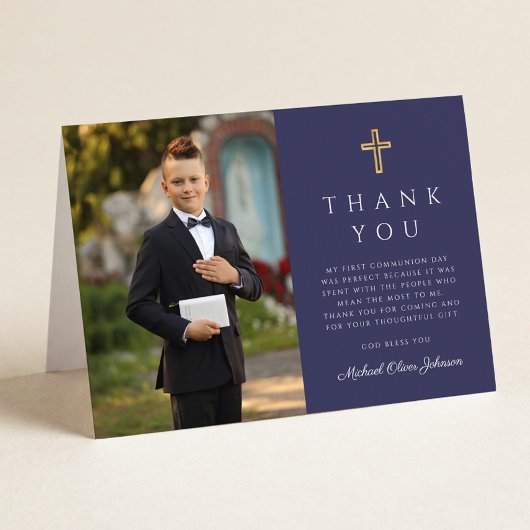 Navy Blue Photo Boy First Communion Folded Bedankkaart