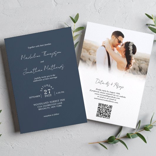 Navy Blue Photo Budget Weddenschap QR Code Rsvp Kaart