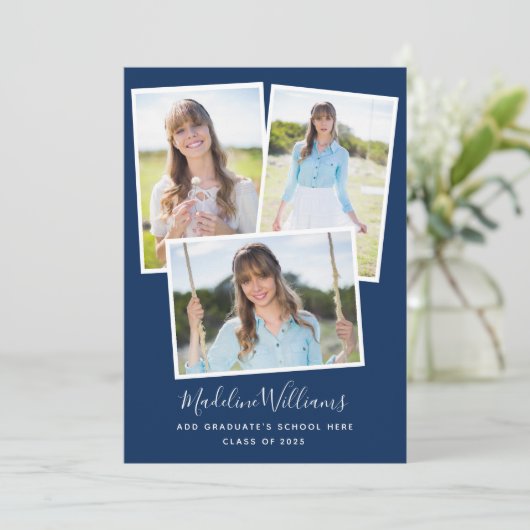 Navy Blue Photo Collage Graduparty Kaart (Staand voorkant)