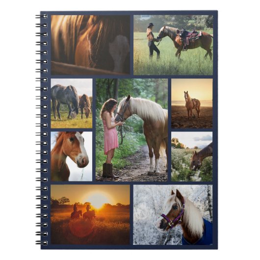 Navy Blue Photo Collage Horse Custom Notitieboek (Voorkant)