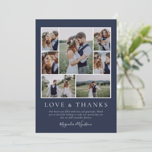 Navy Blue Photo Collage Love and Bedankt Wedding (Staand voorkant)