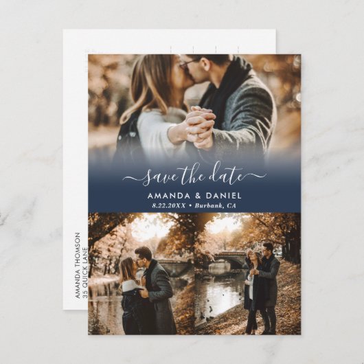 Navy Blue Photo Collage Save the Date Briefkaarten (Voorkant / Achterkant)