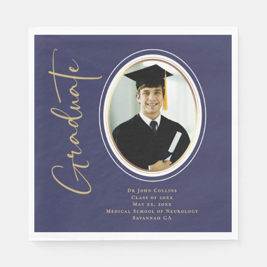 Navy Blue Photo Gold Afstuderen Script Minimal Servet (Voorkant)