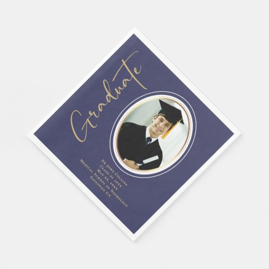 Navy Blue Photo Gold Afstuderen Script Minimal Servet (Hoek)