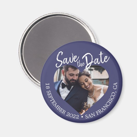 Navy Blue Photo Modern Script Save the Date Magneet (Voorkant / Achterkant)