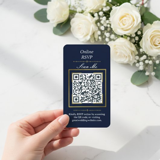 Navy Blue | Photo Online RSVP QR Code Wedding  Informatiekaartje