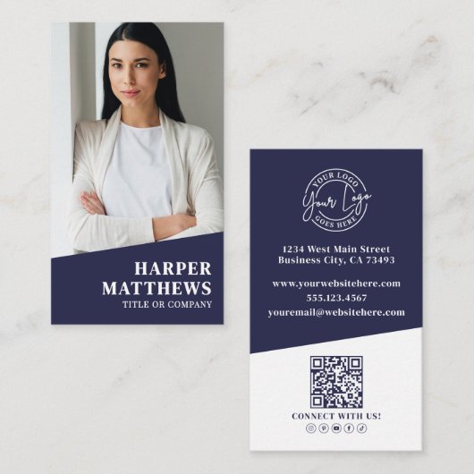 Navy Blue Photo QR Code Logo Vertical Visitekaartje (Voorkant / Achterkant)