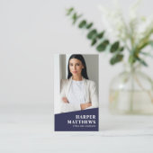 Navy Blue Photo QR Code Vertical Visitekaartje (Staand voorkant)