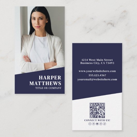 Navy Blue Photo QR Code Vertical Visitekaartje (Voorkant / Achterkant)