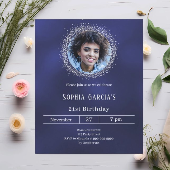 Navy blue photo silver glitter birthday invitation (Creator heeft geüpload)