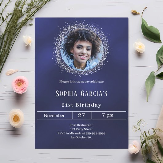 Navy blue photo silver glitter birthday kaart