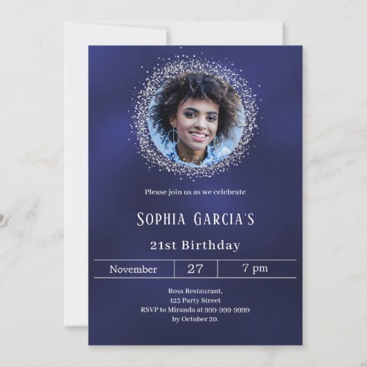 Navy blue photo silver glitter birthday kaart (Voorkant)