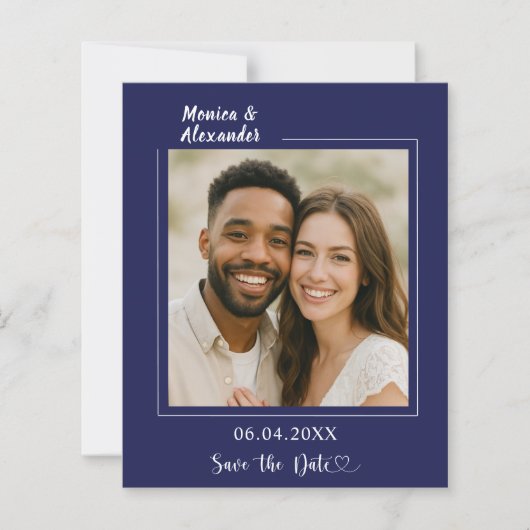 Navy blue photo wedding Save the Date card (Voorkant)