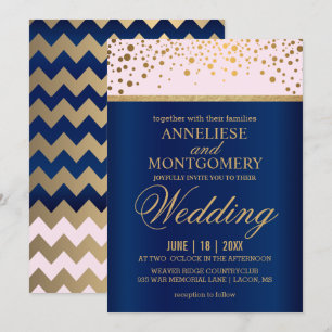 Navy Blue, Pink and Gold Confetti Wedding Kaart