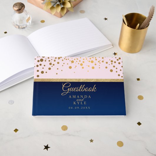 Navy Blue, Pink and Gold Wedding Gastenboek (Voorkant open)