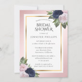 Navy Blue Pink Blush Gold Floral Vrijgezellenfeest Kaart (Voorkant)