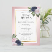 Navy Blue Pink Blush Gold Floral Vrijgezellenfeest Kaart (Staand voorkant)