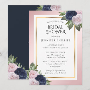 Navy Blue Pink Blush Gold Floral Vrijgezellenfeest Kaart