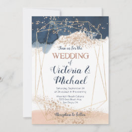 Navy Blue Pink Blush Gold Uitnodiging voor een bru