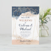 Navy Blue Pink Blush Gold Uitnodiging voor een bru (Staand voorkant)