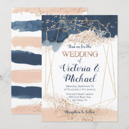 Navy Blue Pink Blush Gold Uitnodiging voor een bru