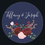 Navy Blue Pink Burgundy Roos Floral Wedding Ronde Sticker<br><div class="desc">Navy Blue Pink Burgundy Roos Floral Wedding Zie collectie hieronder</div>