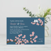 Navy Blue & Pink Cherry Blossom Garden Wedding Kaart (Staand voorkant)