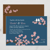 Navy Blue & Pink Cherry Blossom Garden Wedding Kaart (Voorkant / Achterkant)