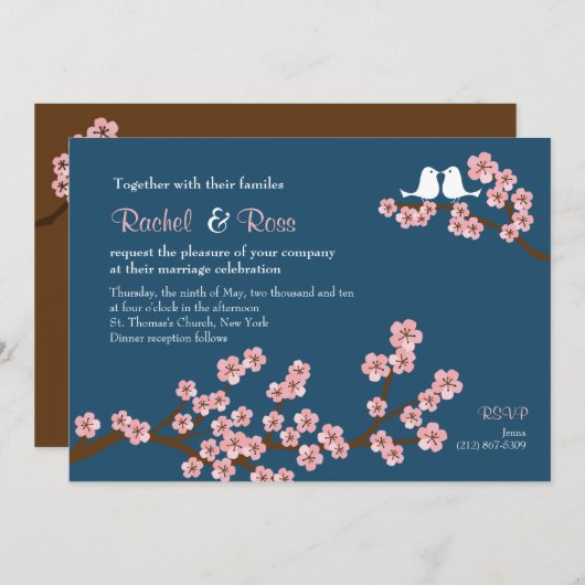Navy Blue & Pink Cherry Blossom Garden Wedding Kaart (Voorkant / Achterkant)