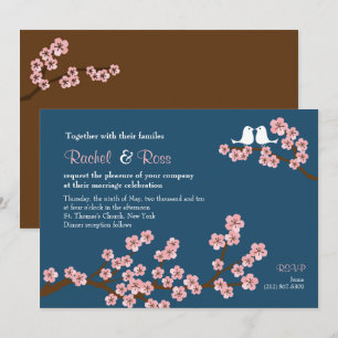 Navy Blue & Pink Cherry Blossom Garden Wedding Kaart