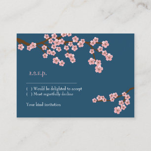 Navy Blue & Pink Cherry Blossom Spring RSVP Informatiekaartje