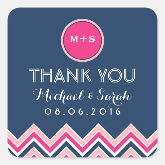 Navy Blue Pink Chevron Wedding Dank u Sticker (Voorkant)