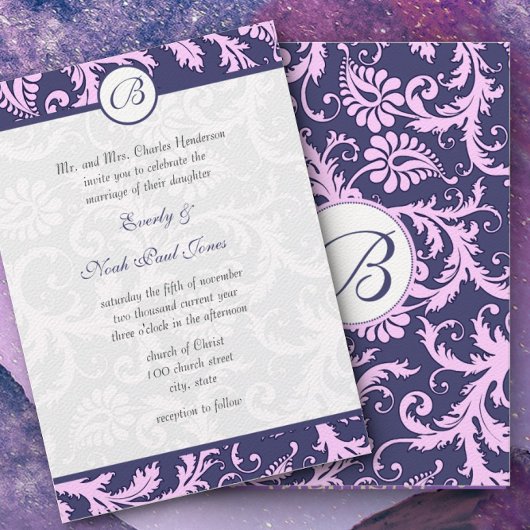 Navy Blue & Pink Damask Swirls Wedding Invitation Kaart