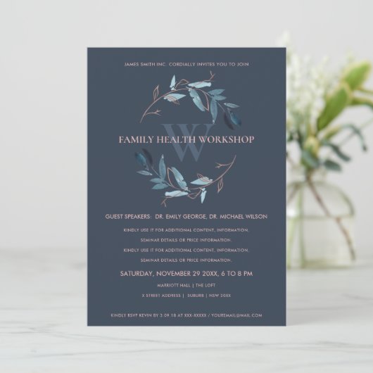 NAVY BLUE PINK FAUNA WREATH WORKSHOP EVENT INVITE BEDANKKAART (Staand voorkant)