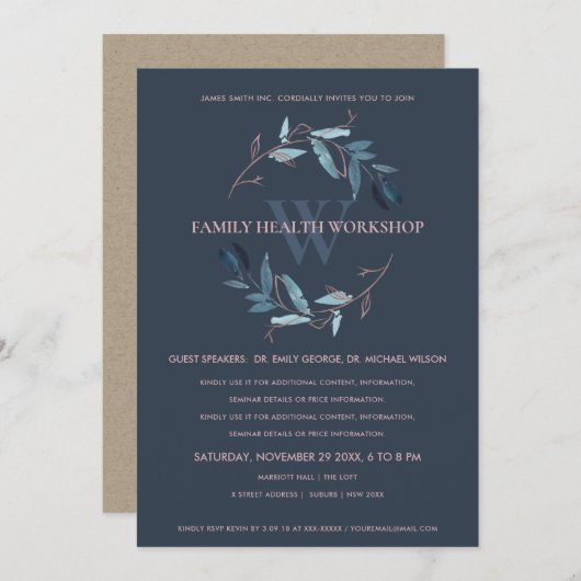 NAVY BLUE PINK FAUNA WREATH WORKSHOP EVENT INVITE BEDANKKAART (Voorkant / Achterkant)