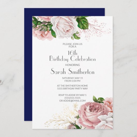 Navy Blue  Pink Floral 16e verjaardag Kaart (Voorkant / Achterkant)