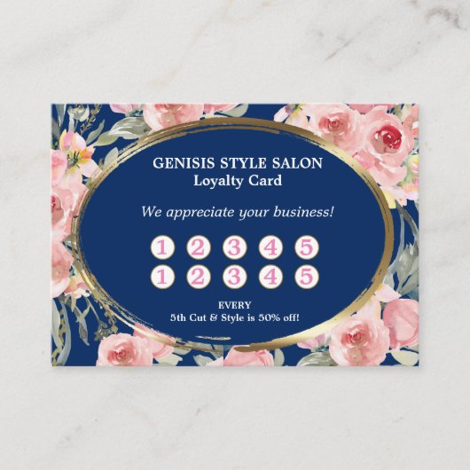 Navy Blue Pink Floral Beauty Salon Loyalty Card (Voorkant)