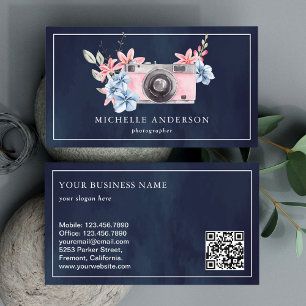 Navy Blue Pink Floral camera QR Code Fotograaf Visitekaartje