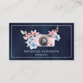 Navy Blue Pink Floral camera QR Code Fotograaf Visitekaartje (Voorkant)