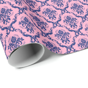 Navy Blue & Pink Floral Damascus Pattern Cadeaupapier