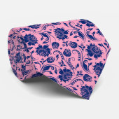 Navy Blue & Pink Floral Damascus Pattern Stropdas (Opgerold)