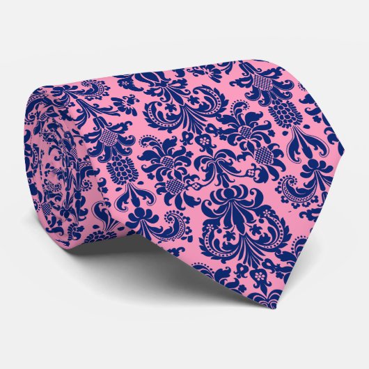 Navy Blue & Pink Floral Damascus Pattern Stropdas (Opgerold)