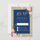 Navy Blue Pink Floral Glitter Sparking RSVP (Voorkant)