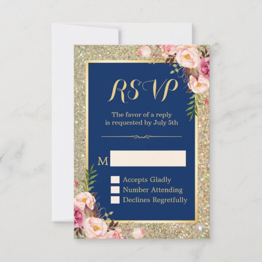 Navy Blue Pink Floral Glitter Sparking RSVP (Voorkant)