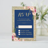 Navy Blue Pink Floral Glitter Sparking RSVP (Staand voorkant)