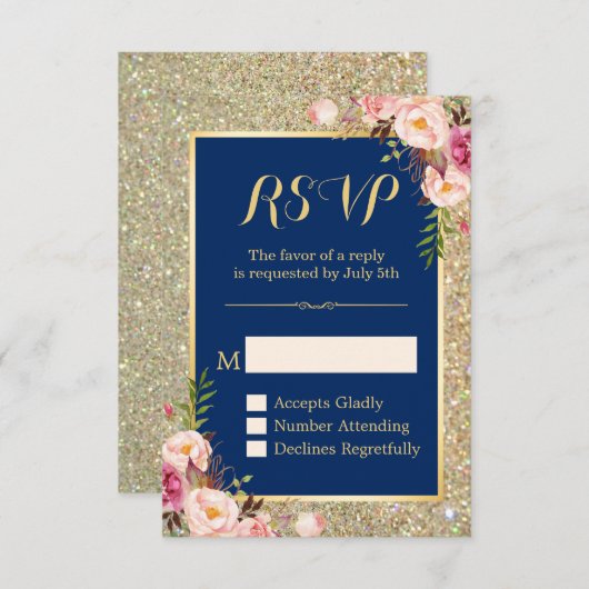 Navy Blue Pink Floral Glitter Sparking RSVP (Voorkant / Achterkant)